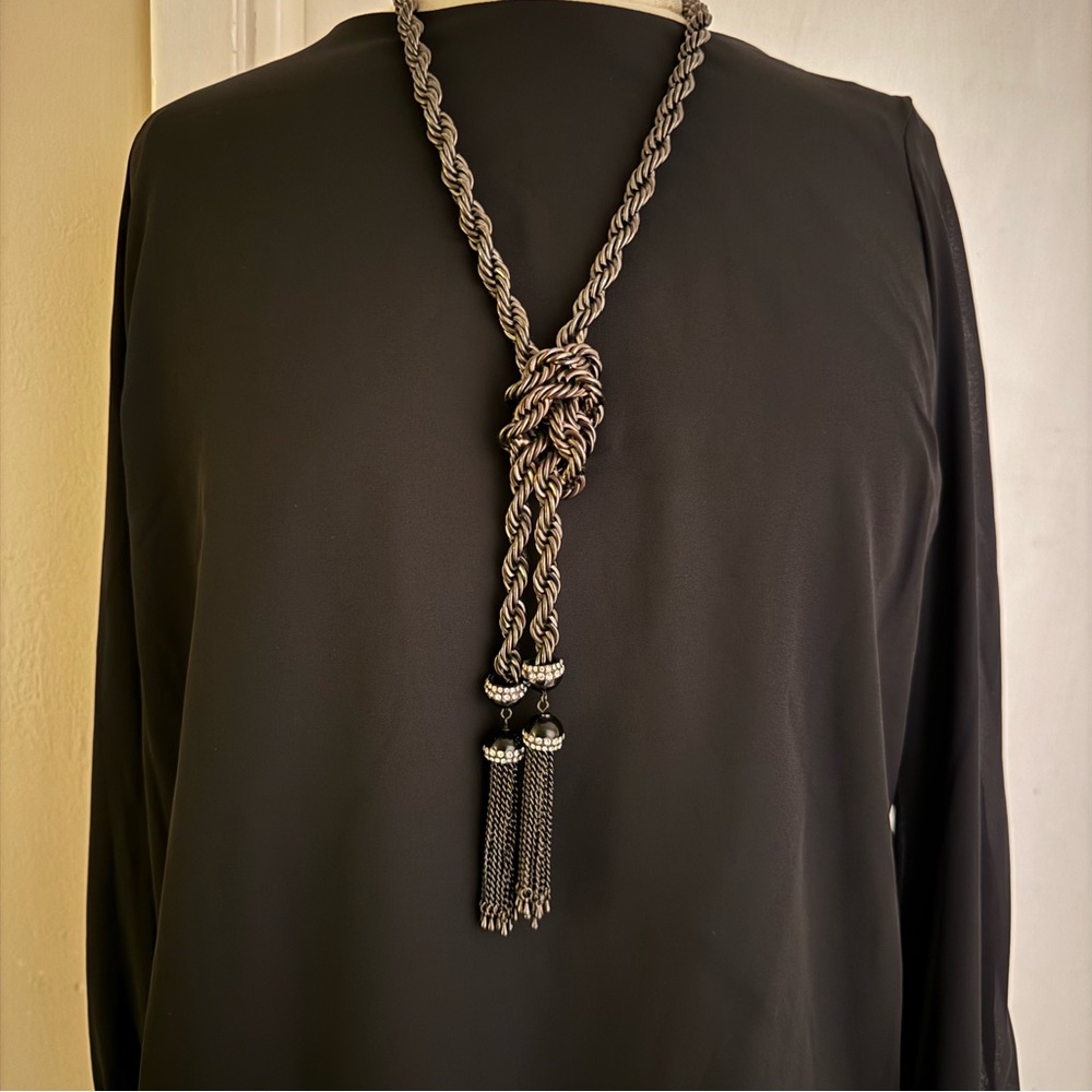 Lariat Heavy Knotted Silvertone Tassels Rhinestones Gunmetal Color Bold Necklace
